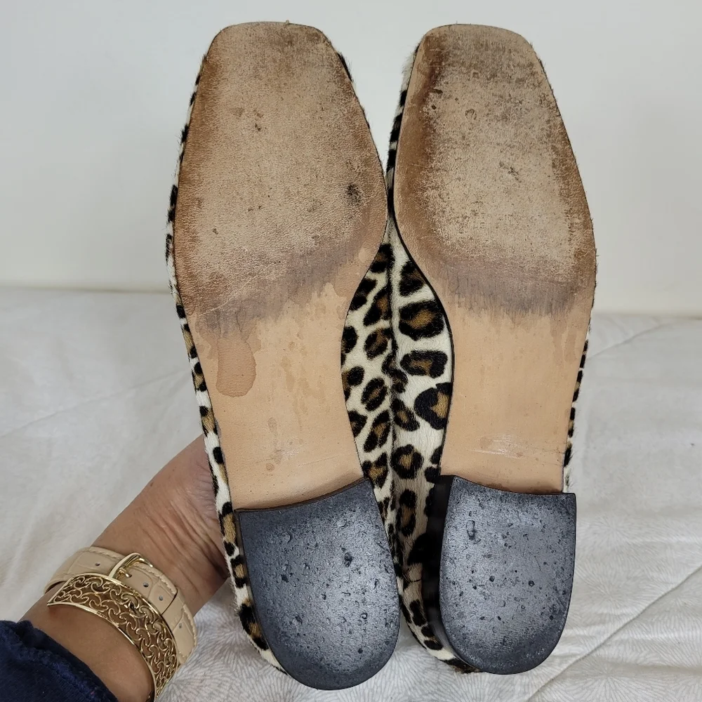 Stuart Weitzman calf hair classic leopard print loafers black bow heel office 6